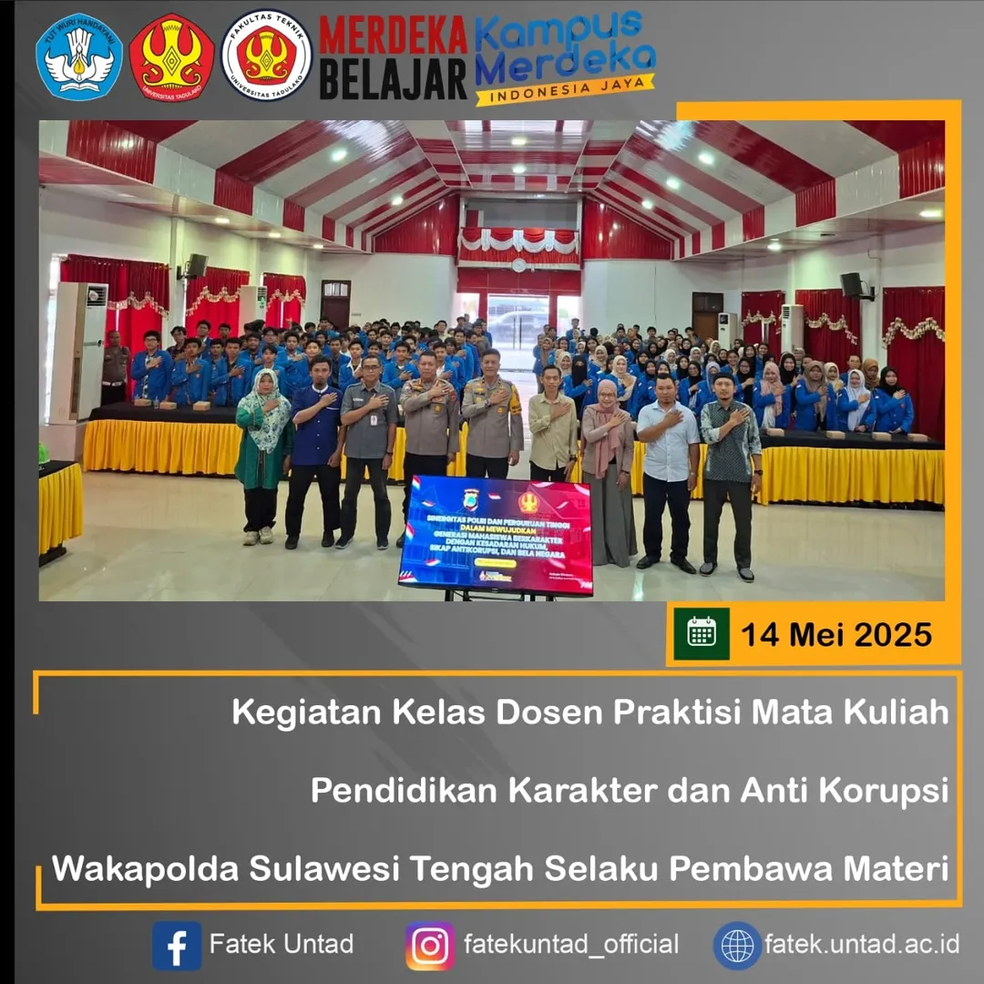 Rabu, 14 Mei 2025Kegiatan Kelas Dosen Praktisi Mata Kuliah Pendidikan Karakter dan Anti Korupsi Wakapolda Sulawesi Tengah Selaku Pembawa Materi, bertempat di Polda Sulawesi Tengah. (2)